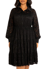 Lace Long Sleeve Tiered Shirt Dress