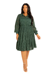 Lace Long Sleeve Tiered Shirt Dress