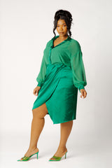 Chiffon Blouse and Wrapped Satin Skirt Set