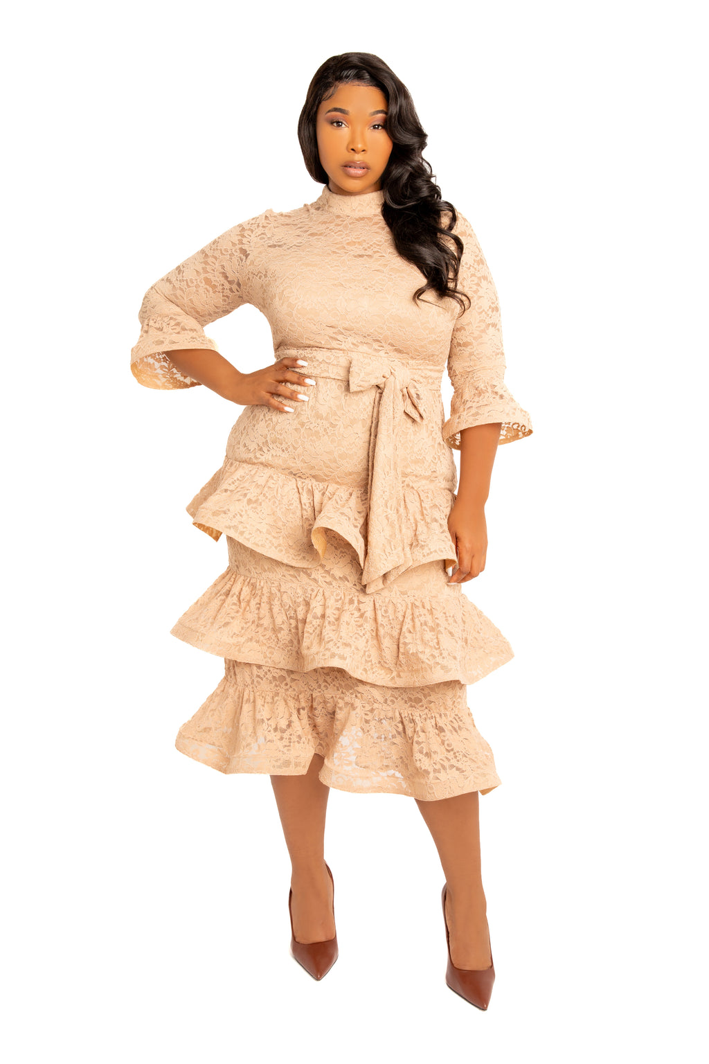Lace Bell Sleeve Tiered Dress Buxom Couture Lace Bell Sleeve Tiered Dress Buxom Couture