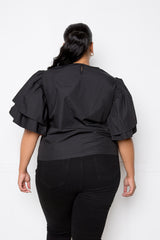 buxom couture curvy women plus size peekaboo voluminous sleeves poplin top