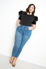 buxom couture curvy women plus size vegan faux leather sleeve ribbed top black