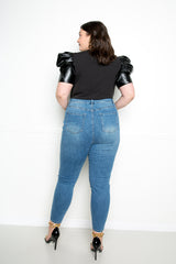 buxom couture curvy women plus size vegan faux leather sleeve ribbed top black