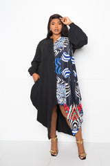 buxom couture curvy women plus size animal print drapy shirt maxi dress black
