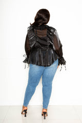 buxom couture curvy women plus size organza ruffled surplice wrapped blouse black