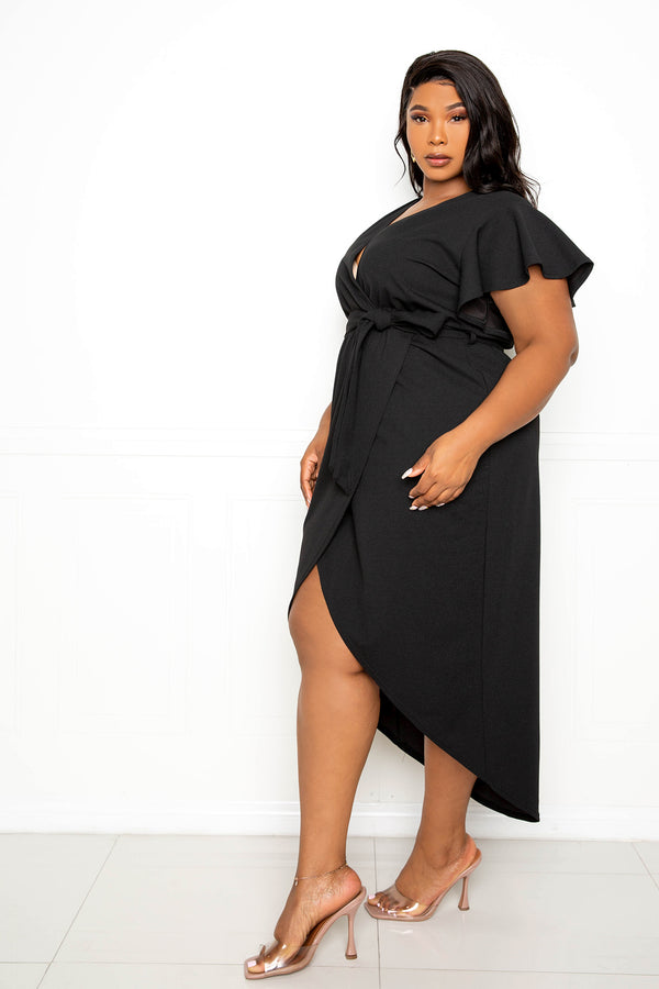 buxom couture curvy women plus size flutter sleeve high low wrap dress black lbd 