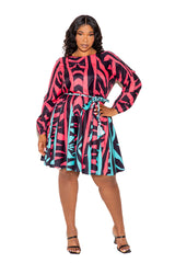buxom couture curvy women plus size contrast print flare mini dress coral pink zebra blue