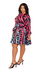 buxom couture curvy women plus size contrast print flare mini dress coral pink zebra blue
