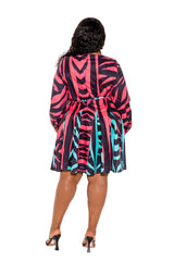 buxom couture curvy women plus size contrast print flare mini dress coral pink zebra blue