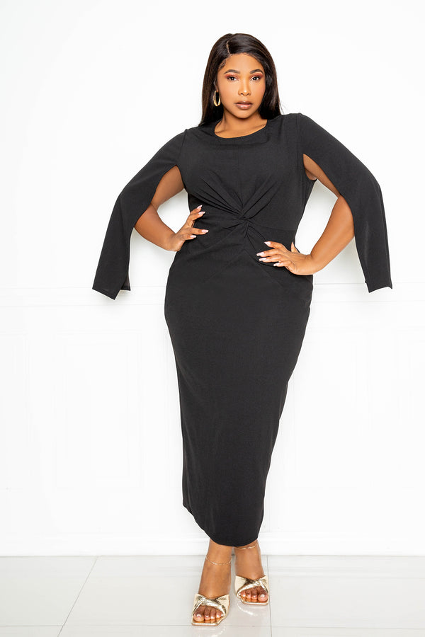 buxom couture curvy women plus size cape sleeve midi dress with knot detail black lbd holiday