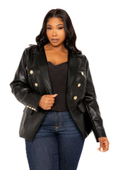 Buxom Couture Curvy Women Plus Size Faux Leather Double Breasted Blazer Black