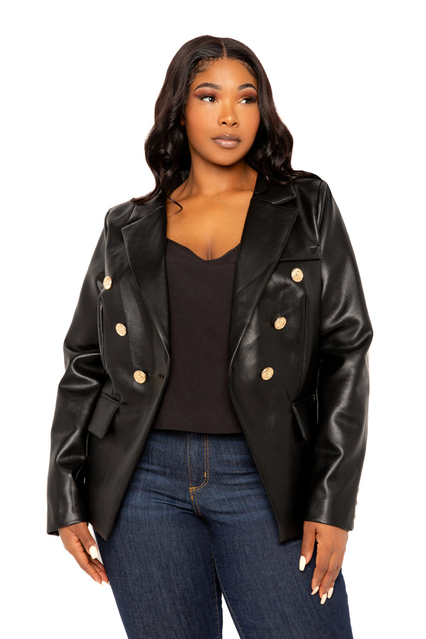 Buxom Couture Curvy Women Plus Size Faux Leather Double Breasted Blazer Black