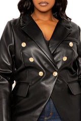 Buxom Couture Curvy Women Plus Size Faux Leather Double Breasted Blazer Black