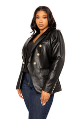 Buxom Couture Curvy Women Plus Size Faux Leather Double Breasted Blazer Black