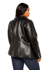 Buxom Couture Curvy Women Plus Size Faux Leather Double Breasted Blazer Black