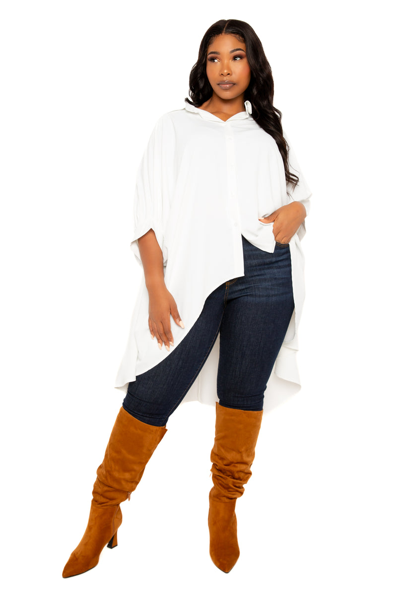 Buxom Couture Curvy Women Plus Size Flowy Hi-lo Blouse White