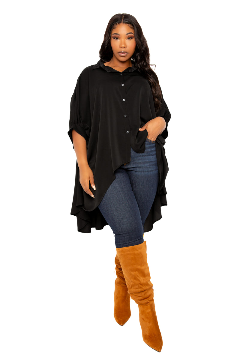 Buxom Couture Curvy Women Plus Size Flowy Hi-Lo Blouse Black