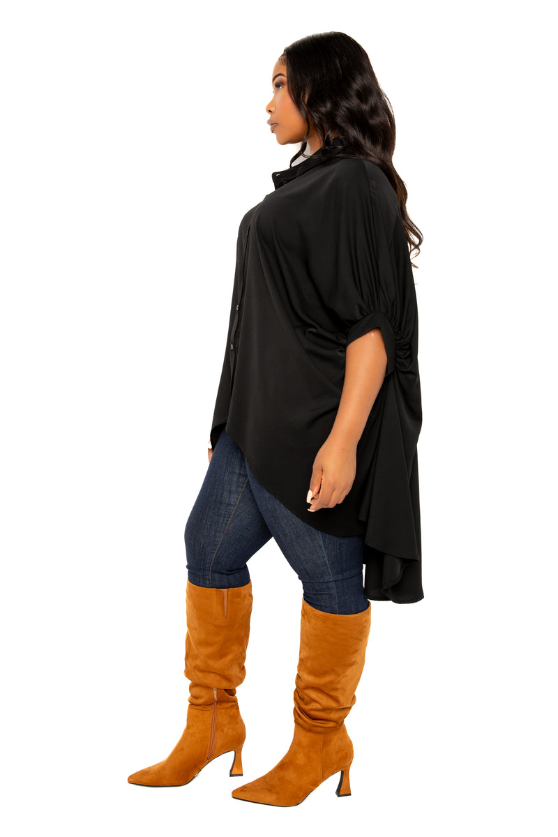 Buxom Couture Curvy Women Plus Size Flowy Hi-Lo Blouse Black