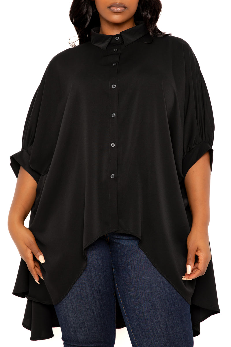 Buxom Couture Curvy Women Plus Size Flowy Hi-Lo Blouse Black