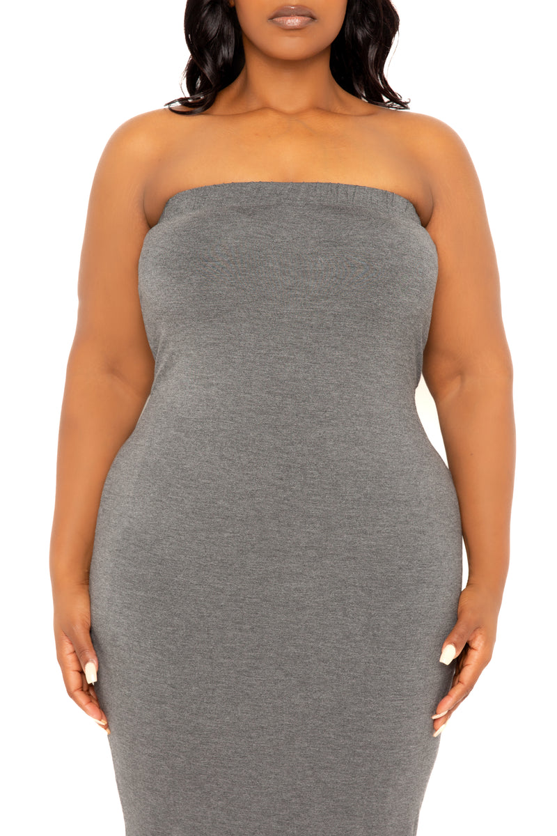 Buxom Couture Curvy Women Plus Size Tube Midi Dress Grey