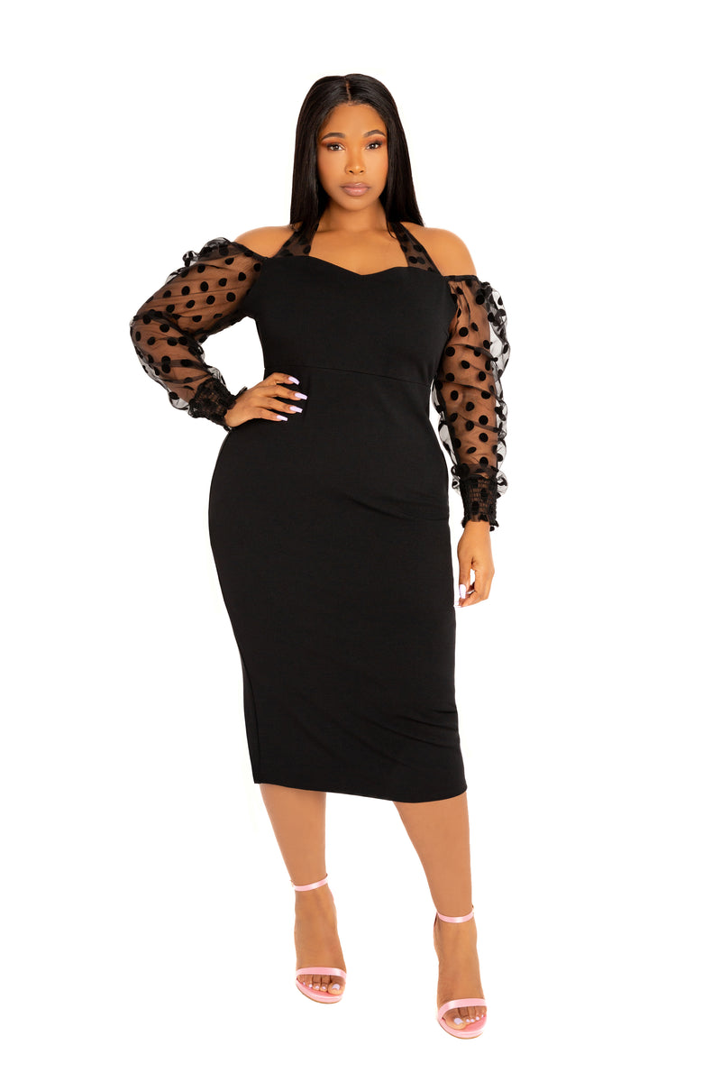 Contrast Polka Dot Halter Neck Puff Sleeve Midi Dress 3X Contrast Polka Dot Halter Neck Puff Sleeve Midi Dress 3X