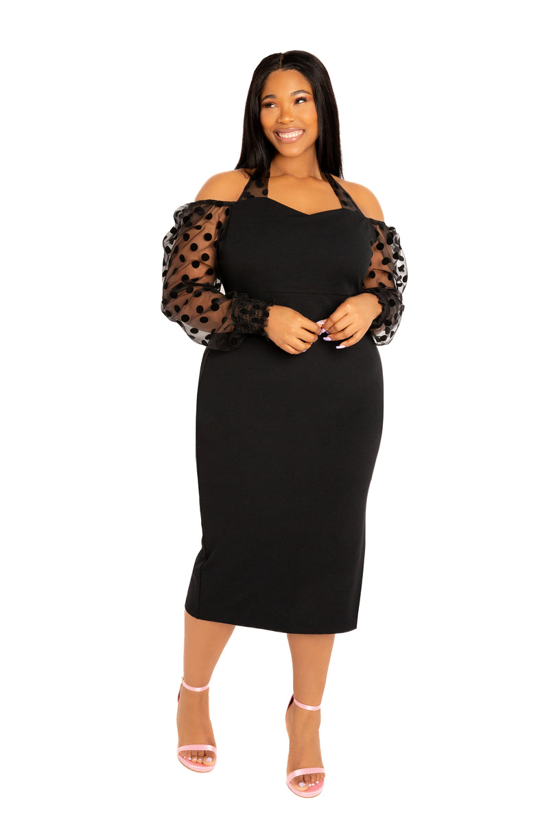 Contrast Polka Dot Halter Neck Puff Sleeve Midi Dress Buxom Couture Contrast Polka Dot Halter Neck Puff Sleeve Midi Dress Buxom Couture