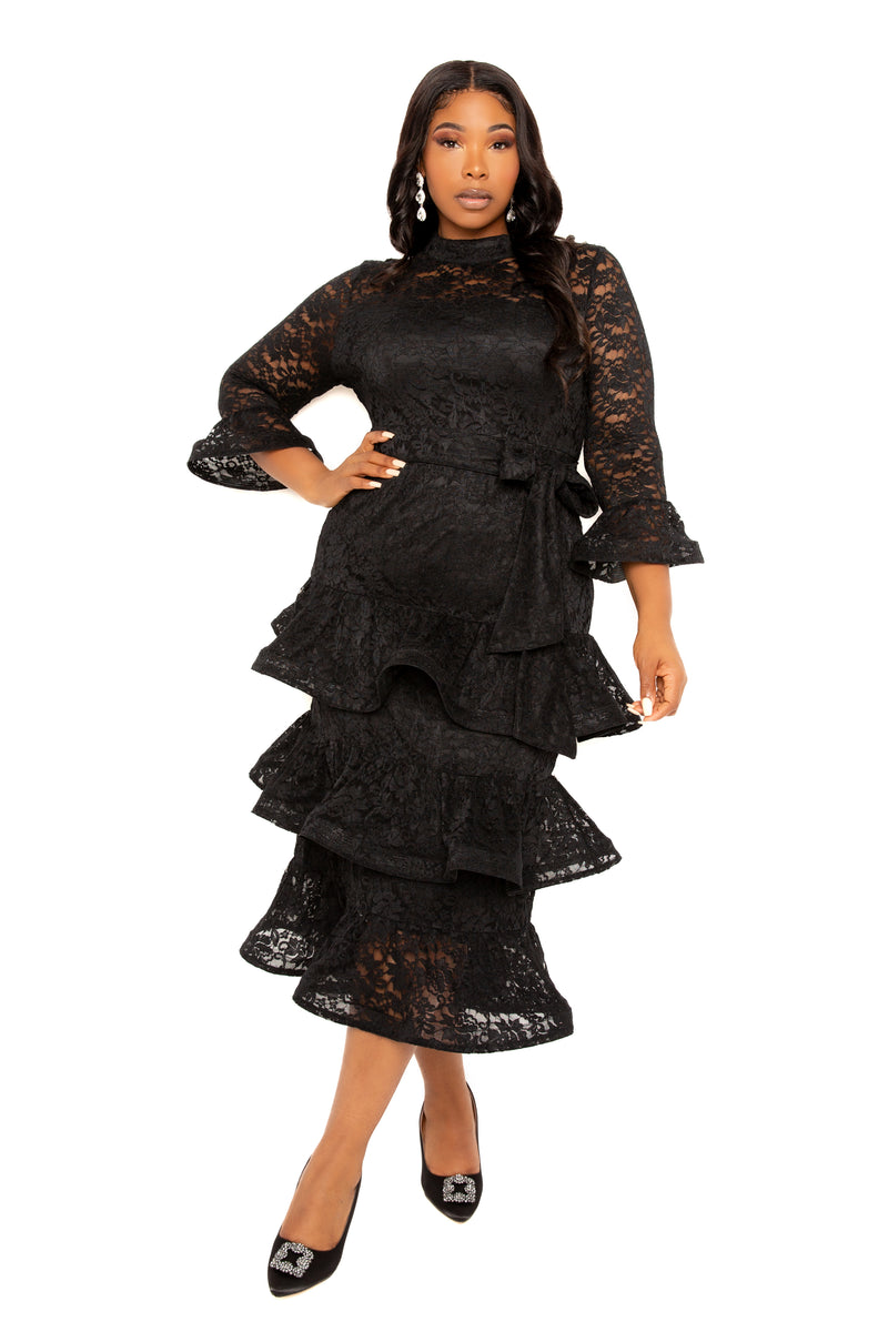 Buxom Couture Curvy Women Plus Size Lace Bell Sleeve Tiered Dress Black