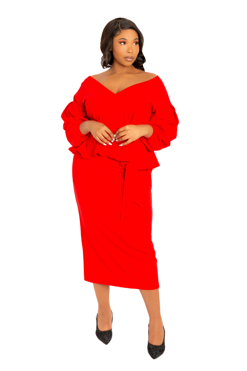 peplum midi dress plus size Buxom Couture Women's Plus Size Off Shoulder Peplum Midi Dress