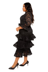 Buxom Couture Curvy Women Plus Size Lace Bell Sleeve Tiered Dress Black