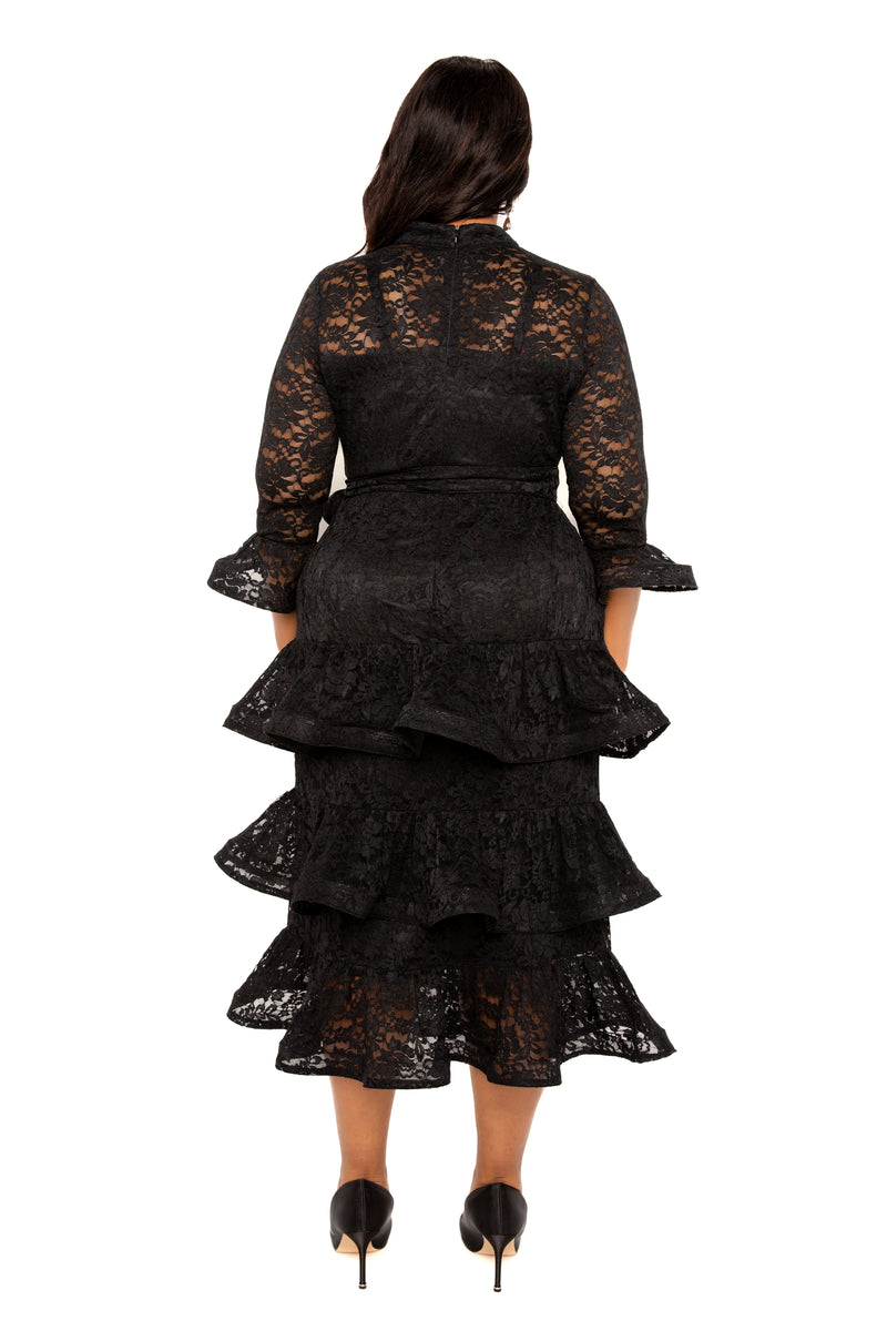 Buxom Couture Curvy Women Plus Size Lace Bell Sleeve Tiered Dress Black