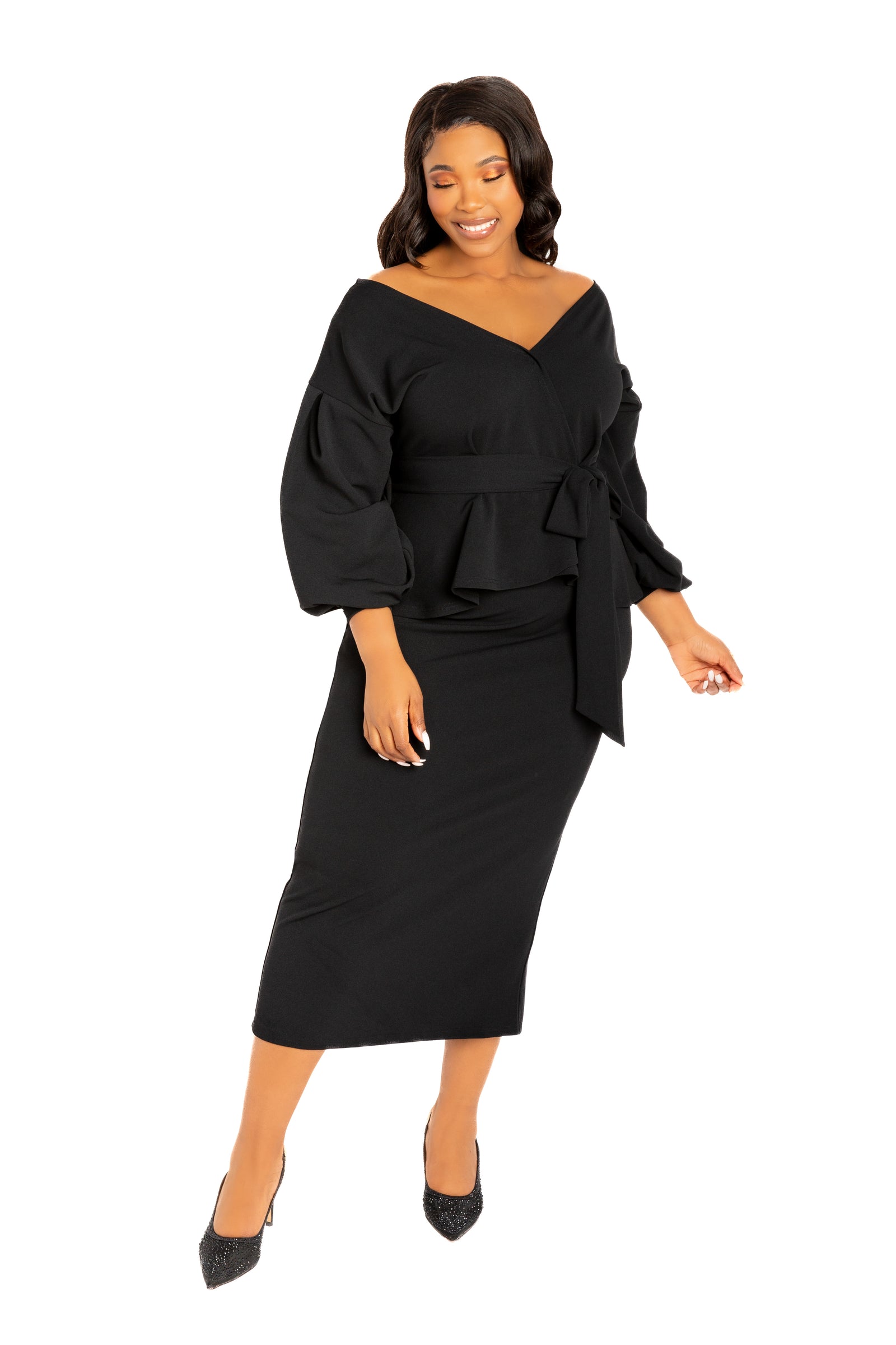 Buxom Couture Women's Plus Size Off Shoulder Peplum Midi Dress