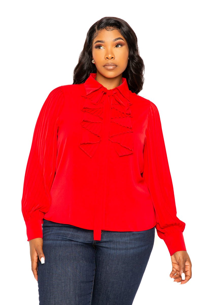 Buxom Couture Curvy Women Plus Size Tie Neck Pleated Sleeve Blouse Red