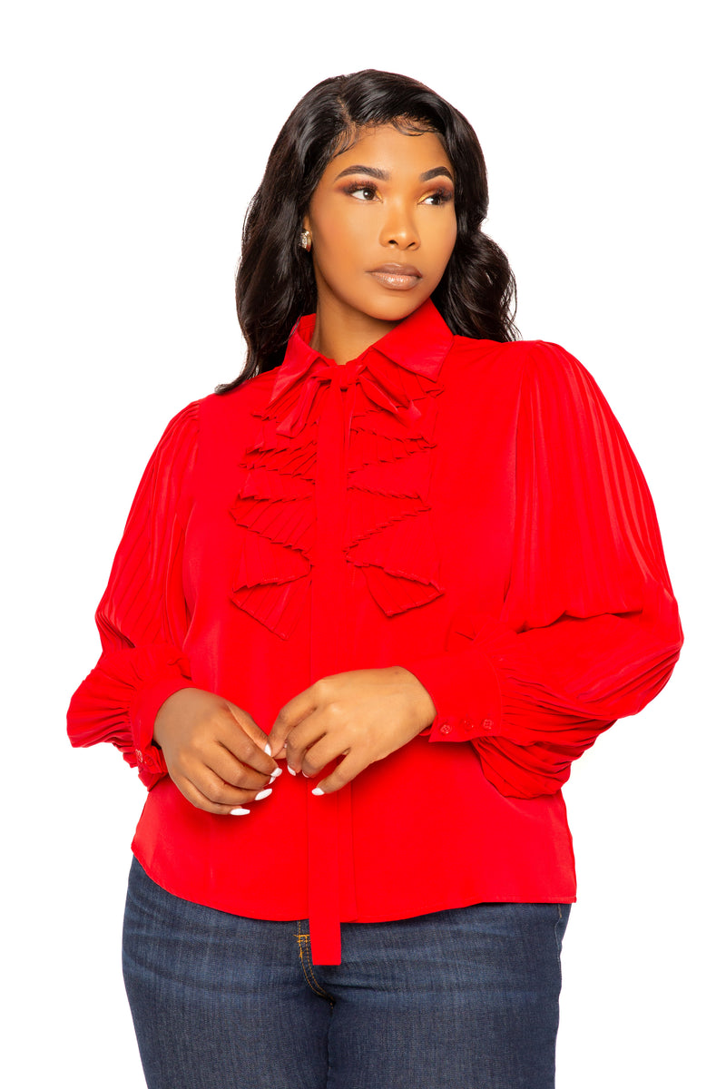 Buxom Couture Curvy Women Plus Size Tie Neck Pleated Sleeve Blouse Red