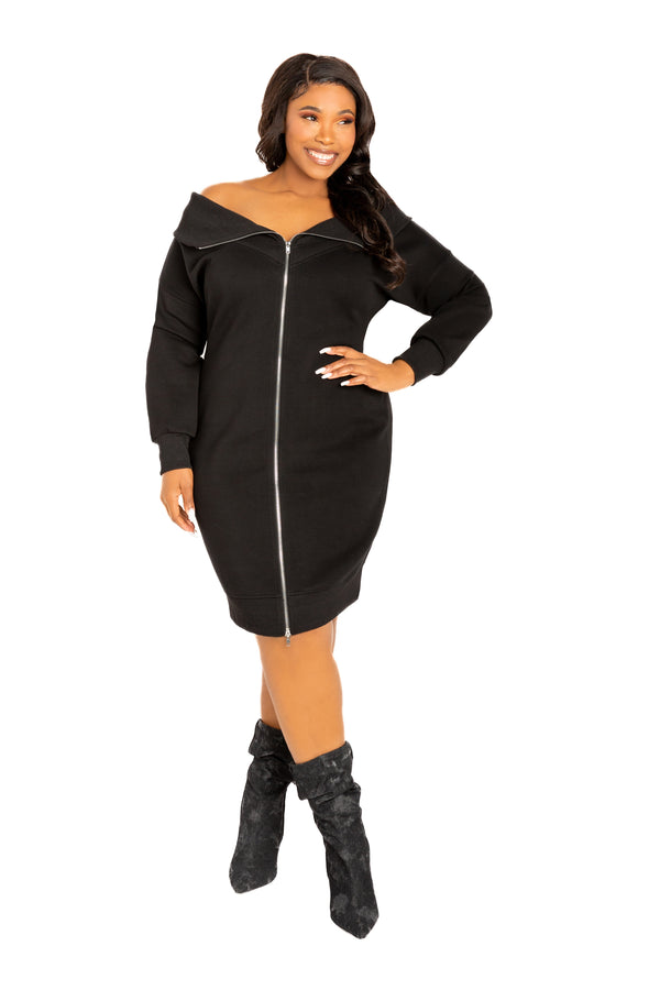 Off Shoulder Zip-up Sweater Dress