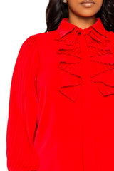 Buxom Couture Curvy Women Plus Size Tie Neck Pleated Sleeve Blouse Red