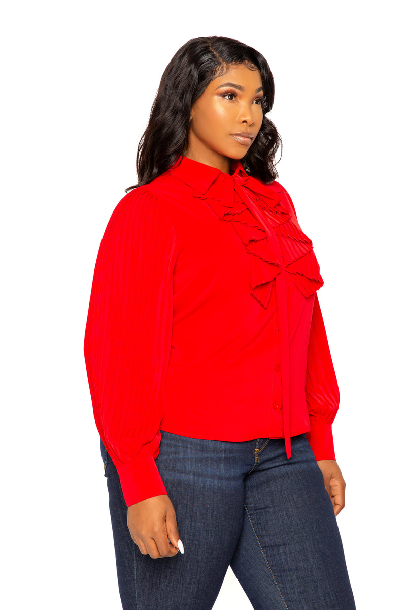 Buxom Couture Curvy Women Plus Size Tie Neck Pleated Sleeve Blouse Red