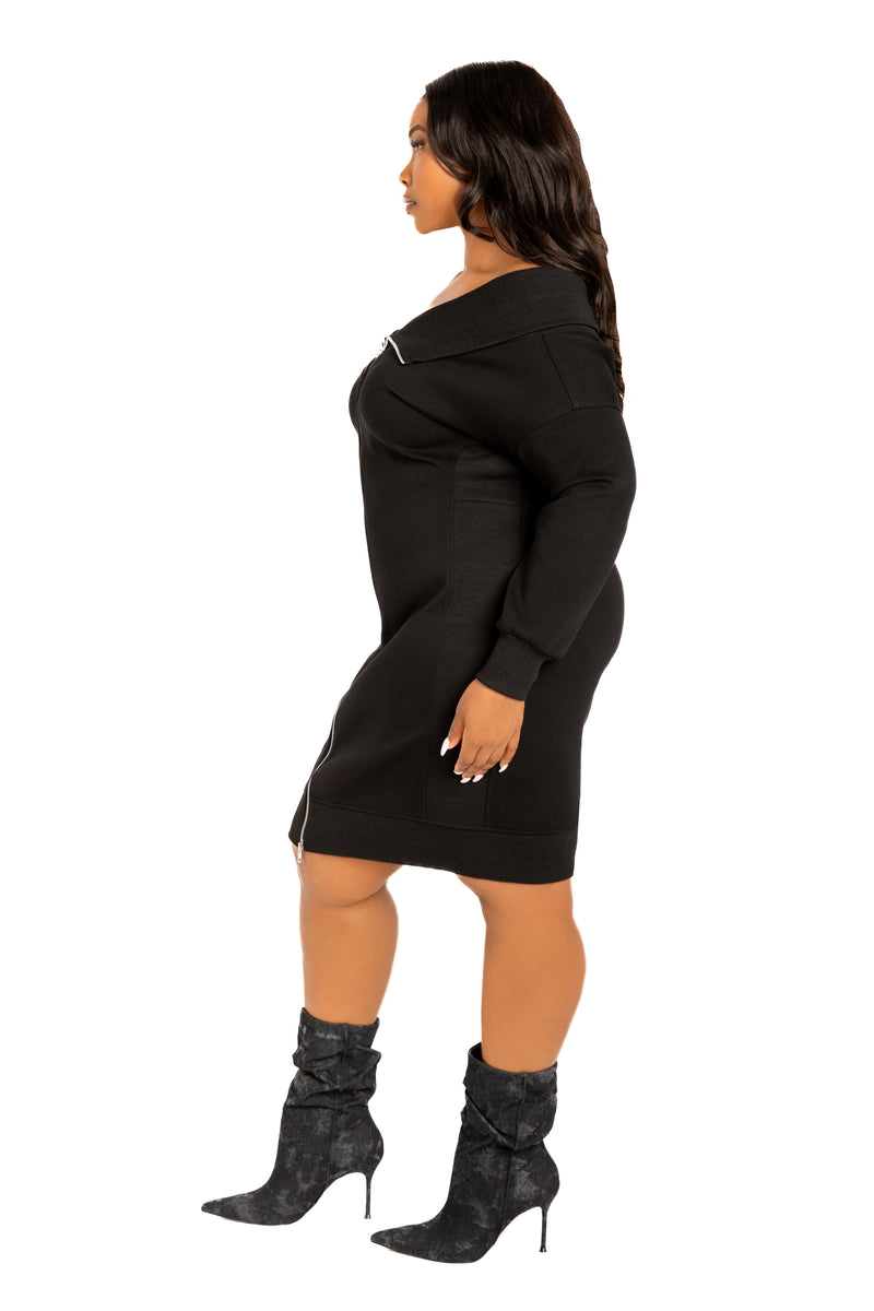 Buxom Couture Women's Plus Size Off Shoulder Zip-up Sweater Dress
