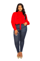 Buxom Couture Curvy Women Plus Size Tie Neck Pleated Sleeve Blouse Red