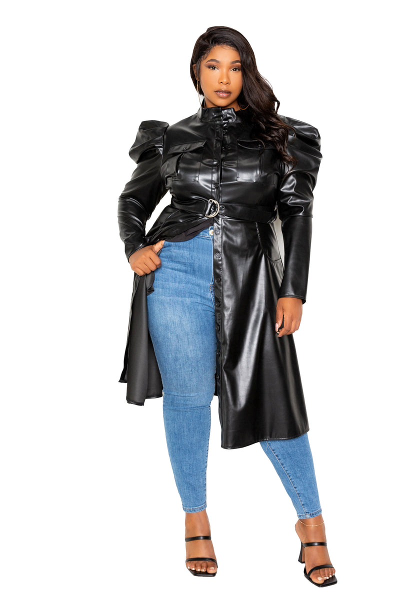 Puff Shoulder Long Sleeve Belted Faux Leather Shirtdress in Black Puff Shoulder Long Sleeve Belted Faux Leather Shirtdress in Black
