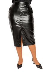Buxom Couture Curvy Women Plus Size Faux Leather Button Front Midi Skirt