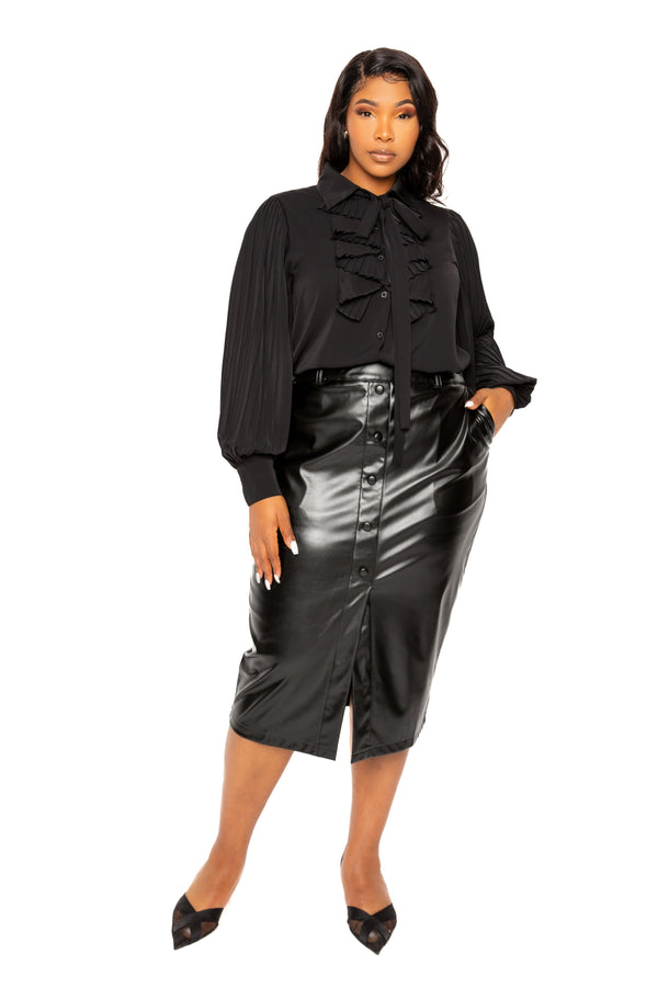 Buxom Couture Curvy Women Plus Size Tie Neck Pleated Sleeve Blouse Black
