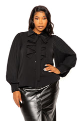 Buxom Couture Curvy Women Plus Size Tie Neck Pleated Sleeve Blouse Black