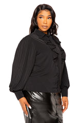 Buxom Couture Curvy Women Plus Size Tie Neck Pleated Sleeve Blouse Black