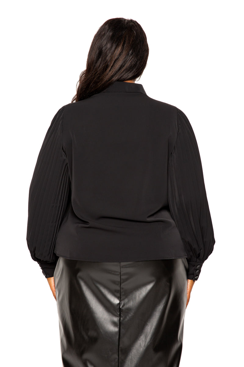 Buxom Couture Curvy Women Plus Size Tie Neck Pleated Sleeve Blouse Black