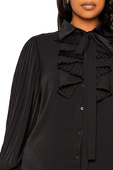 Buxom Couture Curvy Women Plus Size Tie Neck Pleated Sleeve Blouse Black