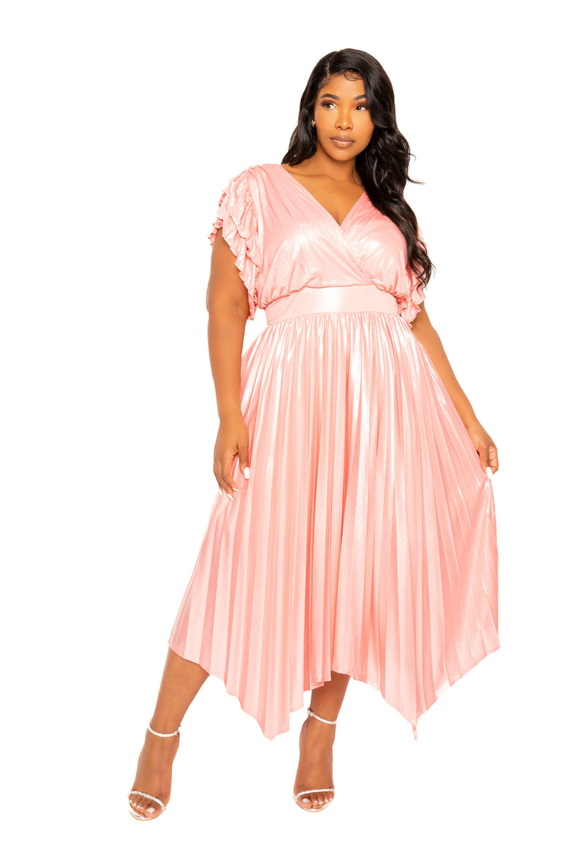 buxom couture curvy women plus size metallic pleated flutter sleeve dress pink metallic spring
