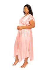 buxom couture curvy women plus size metallic pleated flutter sleeve dress pink metallic spring