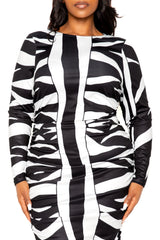 Buxom Couture Curvy Women Plus Size Animal Print Ruched Bodycon Dress Black and White Zebra