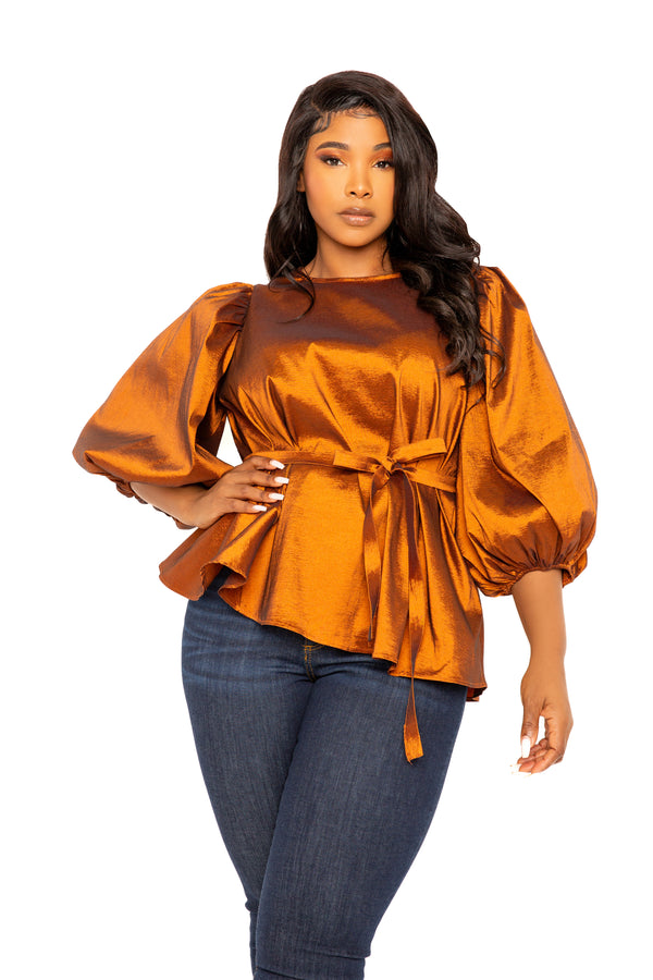 Tie Waist Voluminous Sleeve Blouse