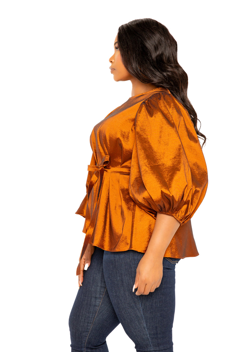 Tie Waist Voluminous Sleeve Blouse